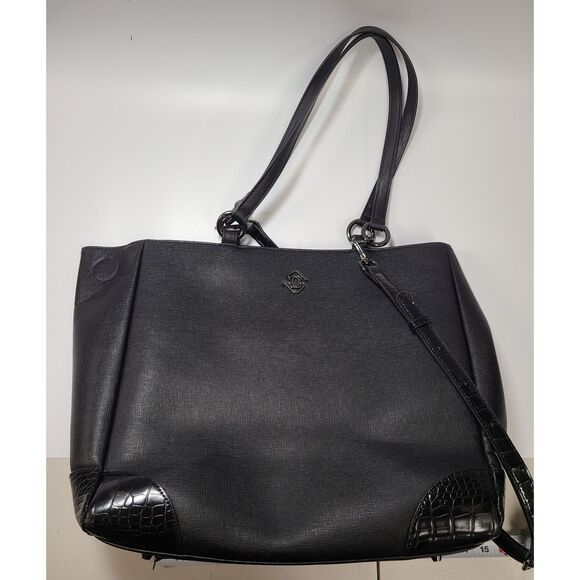 Glass Ladder & Co. Black Saffiano Tote Bag Croc Trim Laptop Pocket - Picture 11 of 12